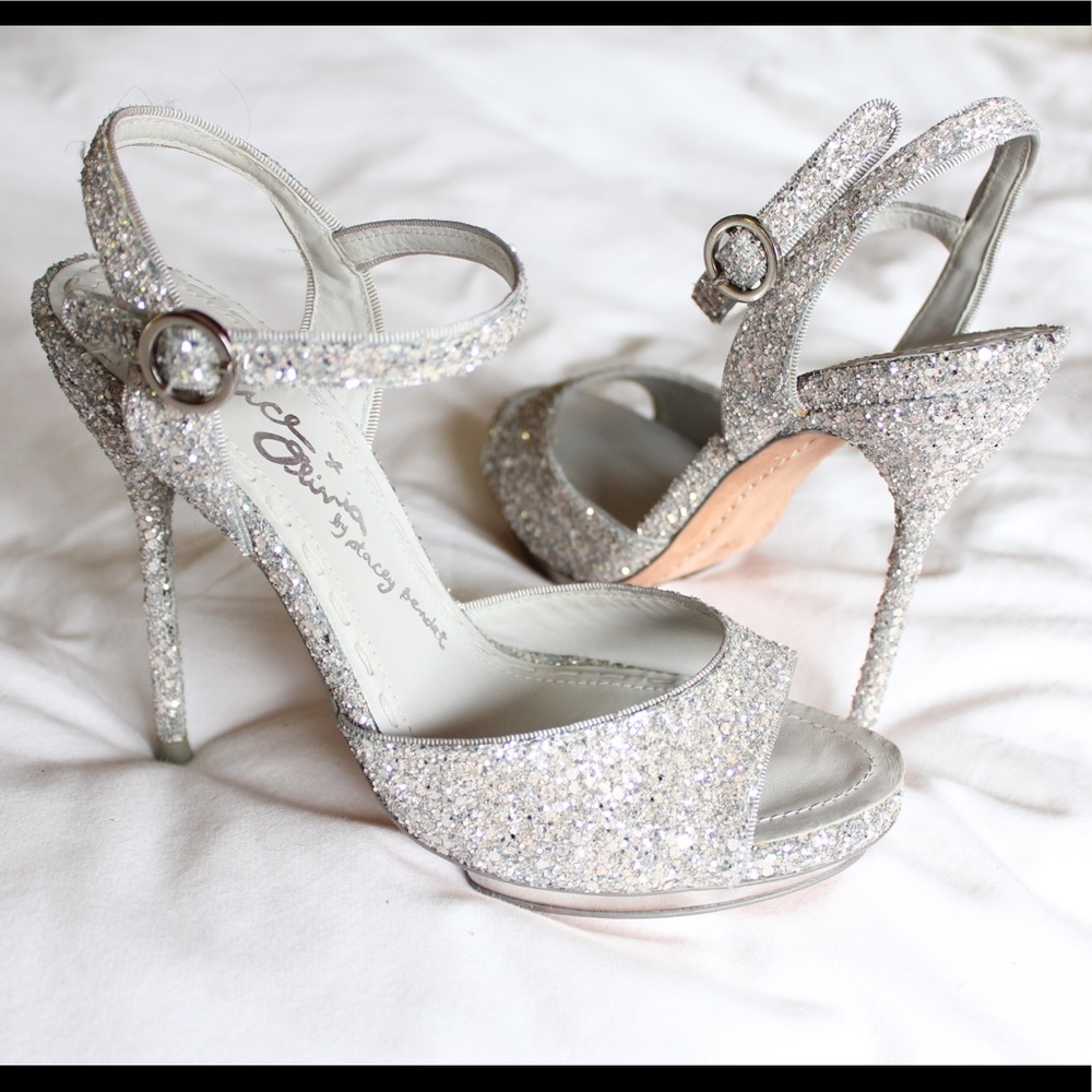 Alice + Olivia silver glitter wedding sandal heels